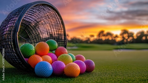 Wallpaper Mural Colorful Golf Balls Spill from a Basket on the Green at Sunset, Capturing the Essence of Summer Sports and Outdoor Fun in a Beautiful Landscape Torontodigital.ca