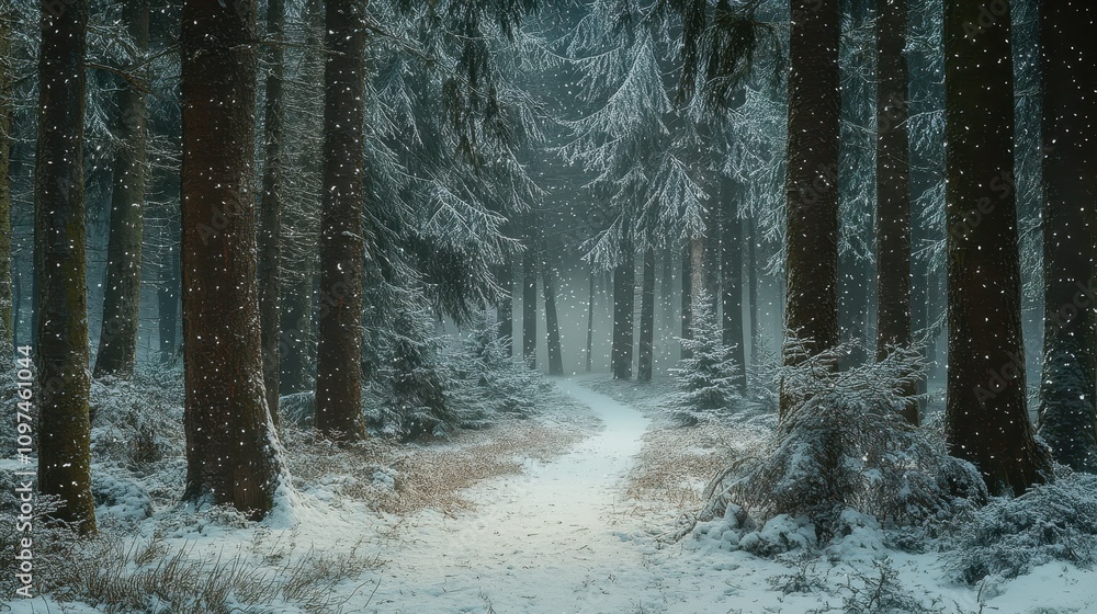 Enchanting Snowfall in a Mystical Winter Forest Serene Path Through Snow-Covered Pines Enchanting Snowfall in a Mystical Winter Forest Serene Path Through Snow-Covered Pines