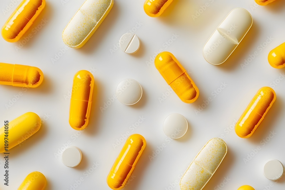 Yellow and white capsules and tablets on white background, pharmaceutical and supplement concept Yellow and white capsules and tablets on white background, pharmaceutical and supplement concept