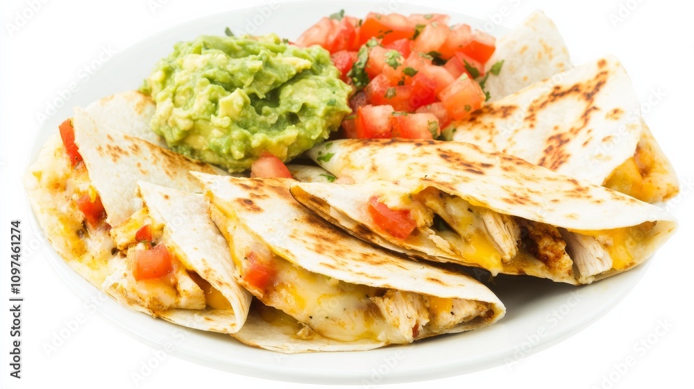 A mouthwatering plate of chicken quesadillas with melted cheese, diced tomatoes, and guacamole A mouthwatering plate of chicken quesadillas with melted cheese, diced tomatoes, and guacamole