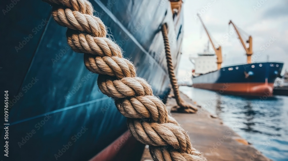 Obraz premium Detailed View of a Nautical Rope Against the Backdrop of a Cargo Ship in a Busy Port with Cranes, Evoking Maritime Industry and Trade Themes