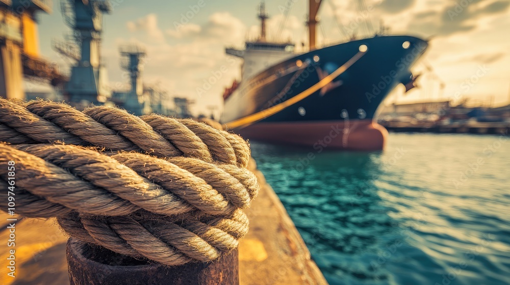 Obraz premium Close-Up of Twisted Rope with Freight Ship Docked in Background Under Soft Evening Light, Highlighting Maritime Industry and Nautical Elements