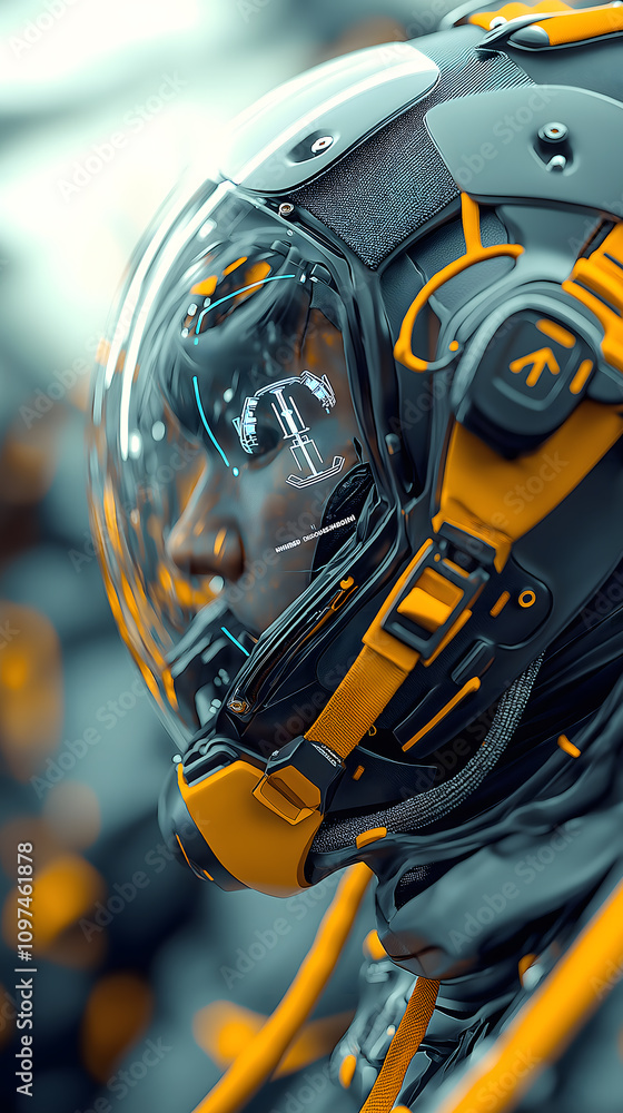 Fototapeta premium Concept of Air pollution. A close-up of a futuristic helmeted figure, showcasing intricate design and vibrant yellow accents, evoking themes of space exploration and advanced technology.