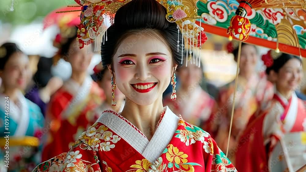A smiling woman in traditional attire, adorned with colorful decorations and an umbrella. A smiling woman in traditional attire, adorned with colorful decorations and an umbrella.