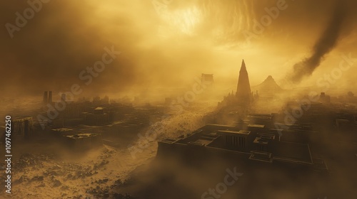 Apocalyptic Cityscape Dust Storm Over Ancient Ruins and Futuristic Spire - Post-Apocalyptic Fantasy Art