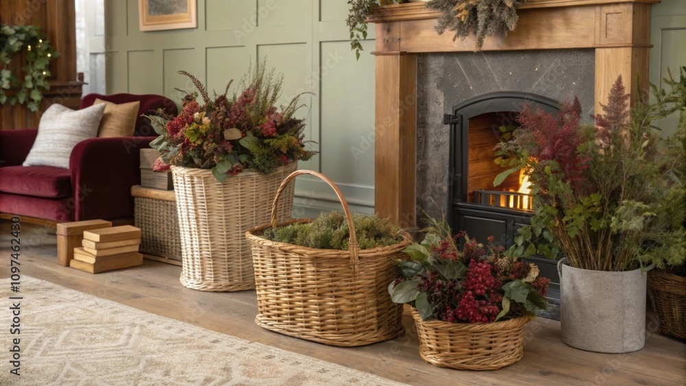 Fototapeta premium Woven baskets filled with seasonal foliage nestle beside the fireplace adding an organic touch to the rooms earthy palette which consists of warm browns muted greens and deep