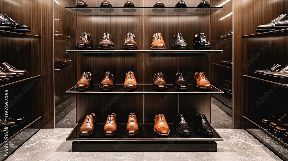 Elegant Display of Premium Dress Shoes in a Modern Retail Store Featuring Polished Surfaces and Stylish Design, Perfect for Fashion and Footwear Enthusiasts Elegant Display of Premium Dress Shoes in a Modern Retail Store Featuring Polished Surfaces and Stylish Design, Perfect for Fashion and Footwear Enthusiasts