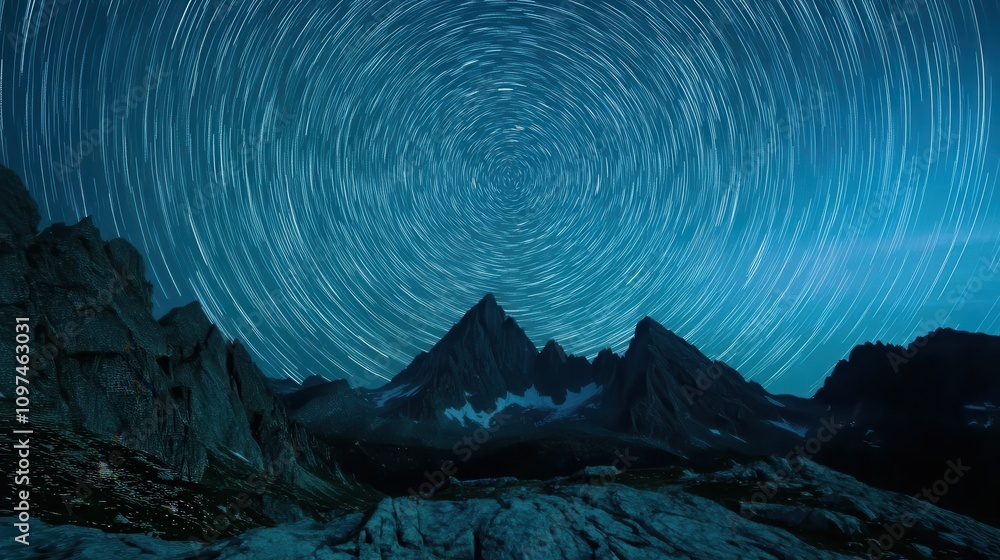 Fototapeta premium Majestic Mountain Peaks Under a Stunning Star Trails Nightscape - Long Exposure Astrophotography