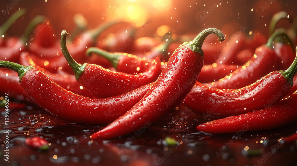 close-up of ripe red chili peppers, drenched in water, evokes the heat and spice they bring to any dish close-up of ripe red chili peppers, drenched in water, evokes the heat and spice they bring to any dish