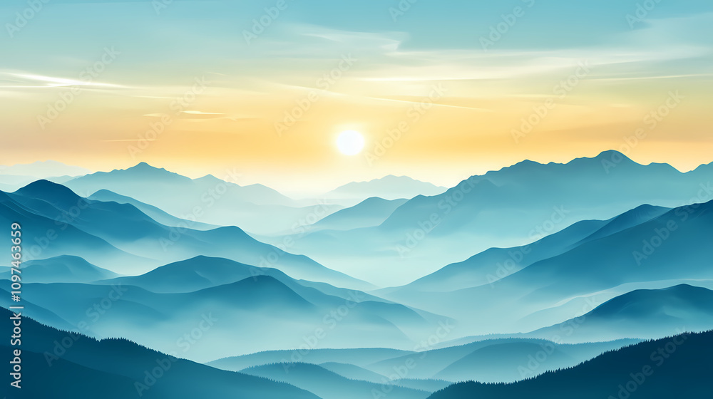 Fototapeta premium Crystal mountain range with misty valley and blue sky. Iridescent Misty Horizon. Illustration