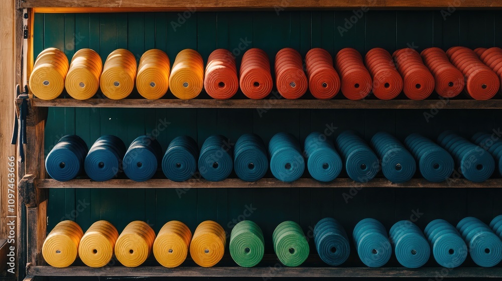 Vibrant Display of Colorful Round Natural Rubber Yoga and Exercise Mats Organized on Shelves in a Warm Indoor Space Vibrant Display of Colorful Round Natural Rubber Yoga and Exercise Mats Organized on Shelves in a Warm Indoor Space