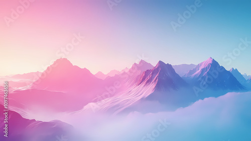 Crystal mountain range with misty valley and blue sky. Iridescent Misty Horizon. Illustration