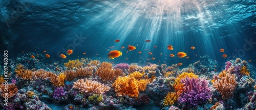 Fototapeta Naklejka Na Ścianę i Meble -  Vibrant Underwater Coral Reef Scene with Sunbeams, Colorful Fish, and Diverse Marine Life - Stock Photo