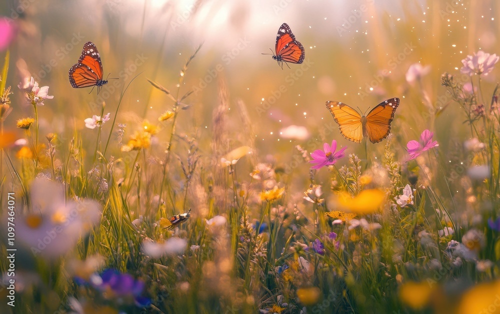 Majestic Monarch Butterflies Dancing in a Sunlit Wildflower Meadow A Serene Nature Scene Majestic Monarch Butterflies Dancing in a Sunlit Wildflower Meadow A Serene Nature Scene