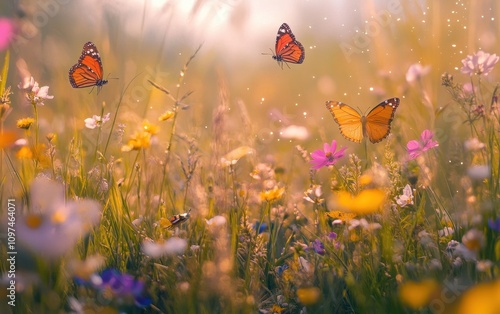 Wallpaper Mural Majestic Monarch Butterflies Dancing in a Sunlit Wildflower Meadow A Serene Nature Scene Torontodigital.ca