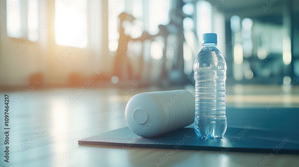 Water Bottle and Foam Roller on Exercise Mat in Modern Gym Environment with Natural Light Streaming Through Windows Illuminating Fitness Equipment Water Bottle and Foam Roller on Exercise Mat in Modern Gym Environment with Natural Light Streaming Through Windows Illuminating Fitness Equipment