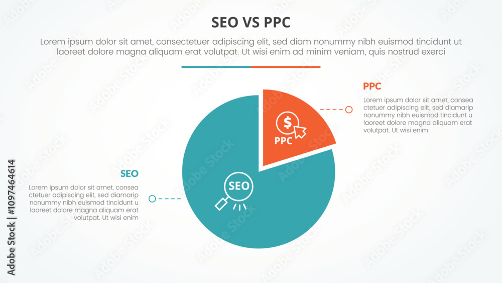 seo vs ppc advertising comparison opposite infographic concept for slide presentation with piechart shape circle with flat style seo vs ppc advertising comparison opposite infographic concept for slide presentation with piechart shape circle with flat style