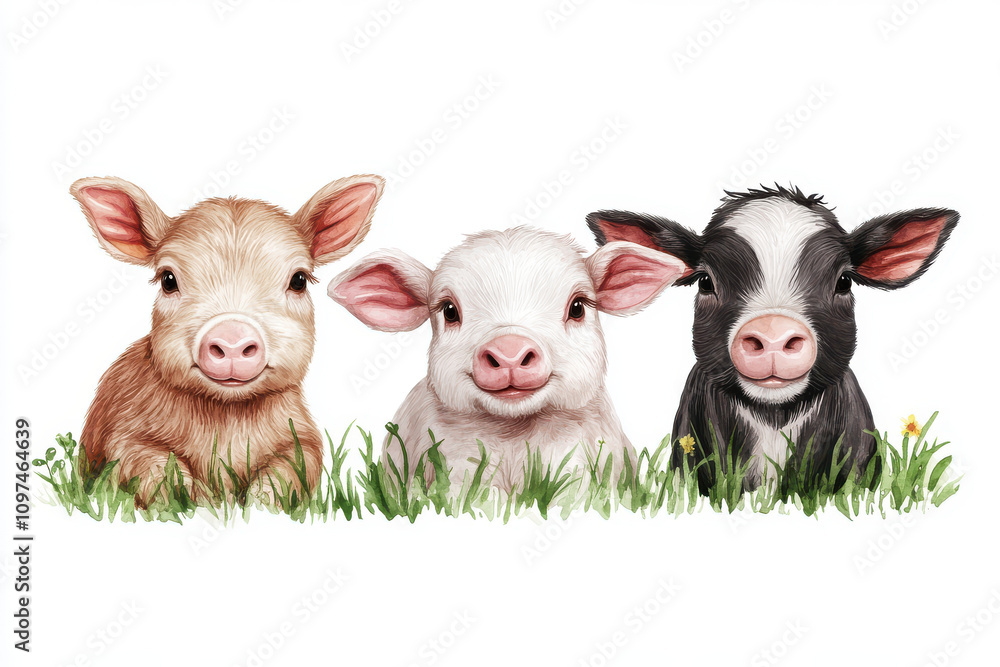 Obraz premium Cute farm animals in watercolor illustration featuring three calves with distinct colors. Their playful expressions and grassy background evoke sense of joy and warmth