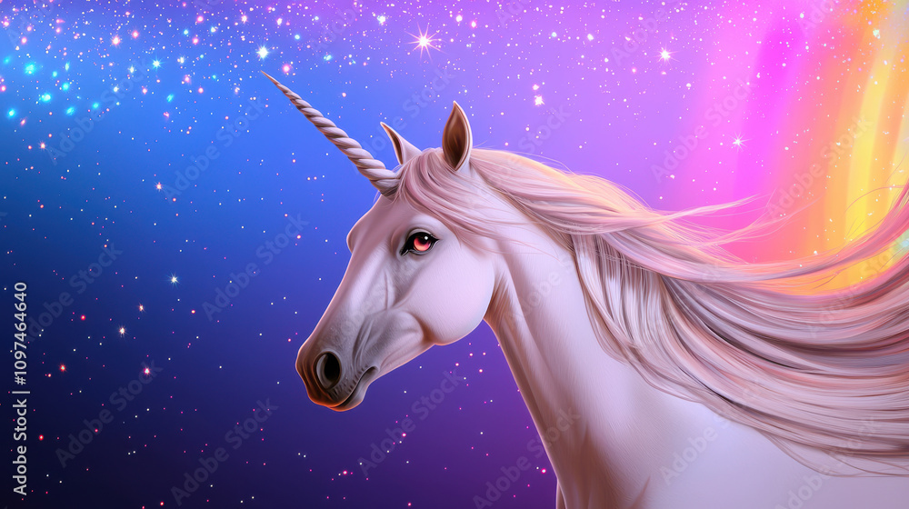 beautiful unicorn with long flowing hair stands against cosmic backdrop filled with glowing stars and vibrant colors, evoking sense of magic and wonder beautiful unicorn with long flowing hair stands against cosmic backdrop filled with glowing stars and vibrant colors, evoking sense of magic and wonder