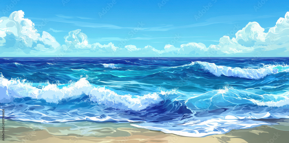 Vibrant blue sea water with waves and clear sky creates serene panoramic view. gentle waves crash against sandy shore, evoking sense of tranquility and beauty Vibrant blue sea water with waves and clear sky creates serene panoramic view. gentle waves crash against sandy shore, evoking sense of tranquility and beauty