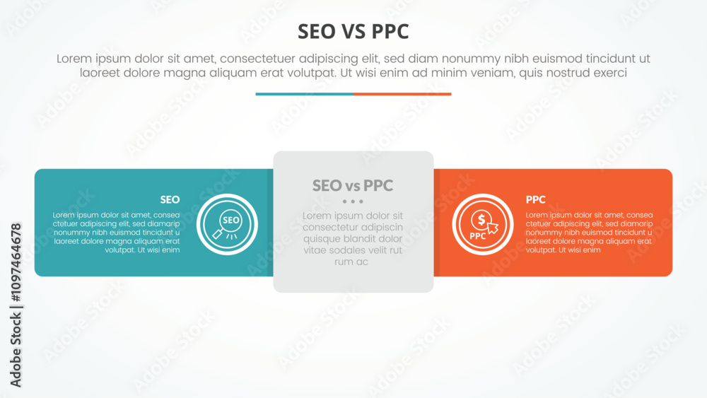 seo vs ppc advertising comparison opposite infographic concept for slide presentation with round rectangle horizontal line with flat style seo vs ppc advertising comparison opposite infographic concept for slide presentation with round rectangle horizontal line with flat style