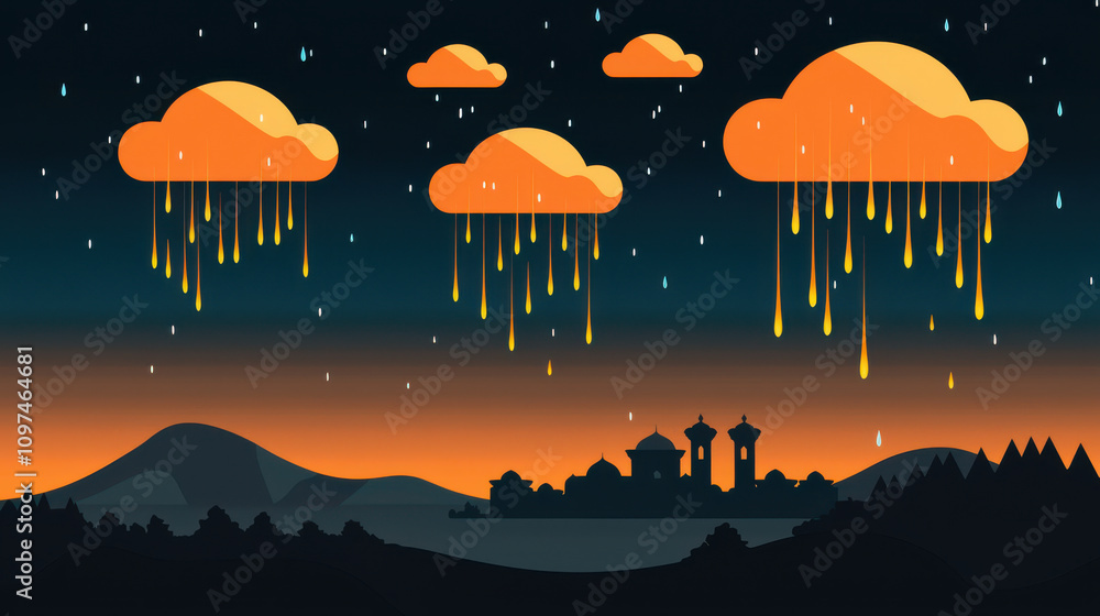 Bright evening sky with orange clouds and rain, featuring silhouettes of mountains and buildings. serene and colorful landscape at dusk Bright evening sky with orange clouds and rain, featuring silhouettes of mountains and buildings. serene and colorful landscape at dusk