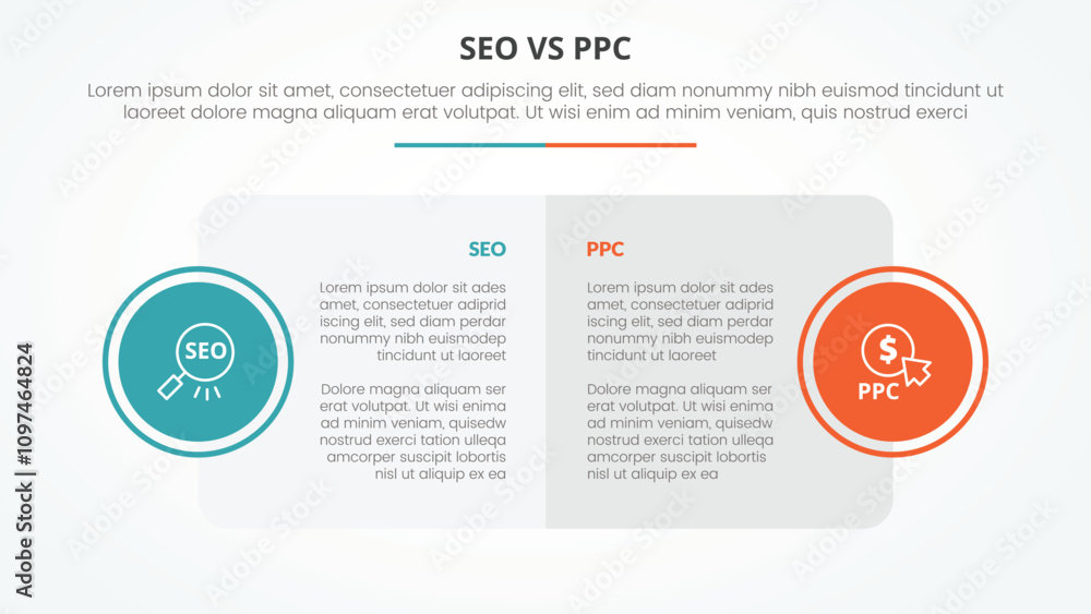 seo vs ppc advertising comparison opposite infographic concept for slide presentation with big box table and circle badge on side with flat style seo vs ppc advertising comparison opposite infographic concept for slide presentation with big box table and circle badge on side with flat style