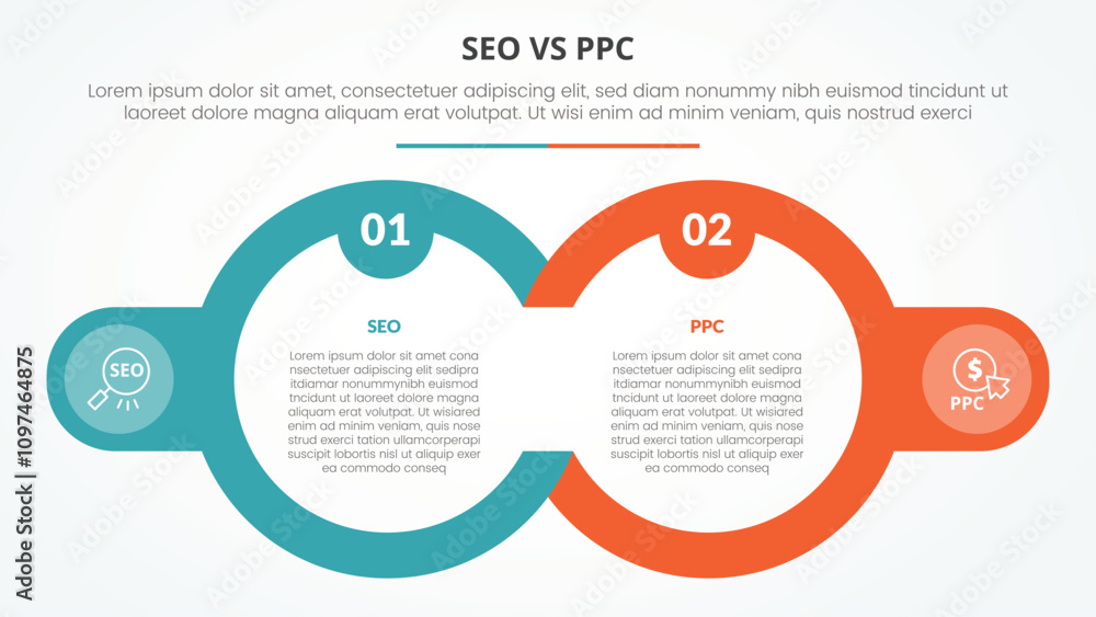 Fototapeta premium seo vs ppc advertising comparison opposite infographic concept for slide presentation with big outline circle and badge on side with flat style
