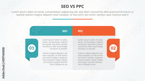 seo vs ppc advertising comparison opposite infographic concept for slide presentation with big box table with header and badge on side with flat style