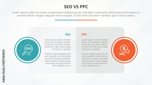 seo vs ppc advertising comparison opposite infographic concept for slide presentation with big box table and circle badge on side with flat style