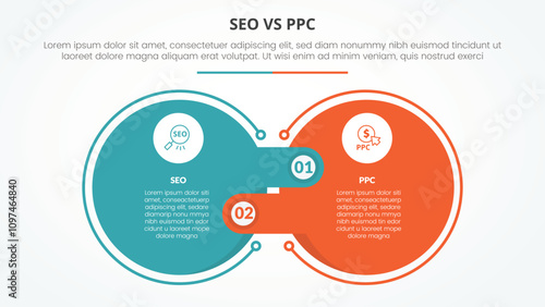 seo vs ppc advertising comparison opposite infographic concept for slide presentation with big outline circle and offside box rectangle with flat style