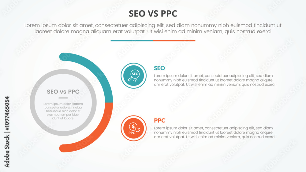 seo vs ppc advertising comparison opposite infographic concept for slide presentation with big circle and half circle variation with flat style seo vs ppc advertising comparison opposite infographic concept for slide presentation with big circle and half circle variation with flat style