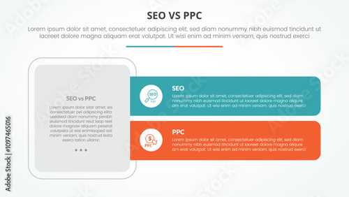 seo vs ppc advertising comparison opposite infographic concept for slide presentation with big box and long rectangle shape with flat style