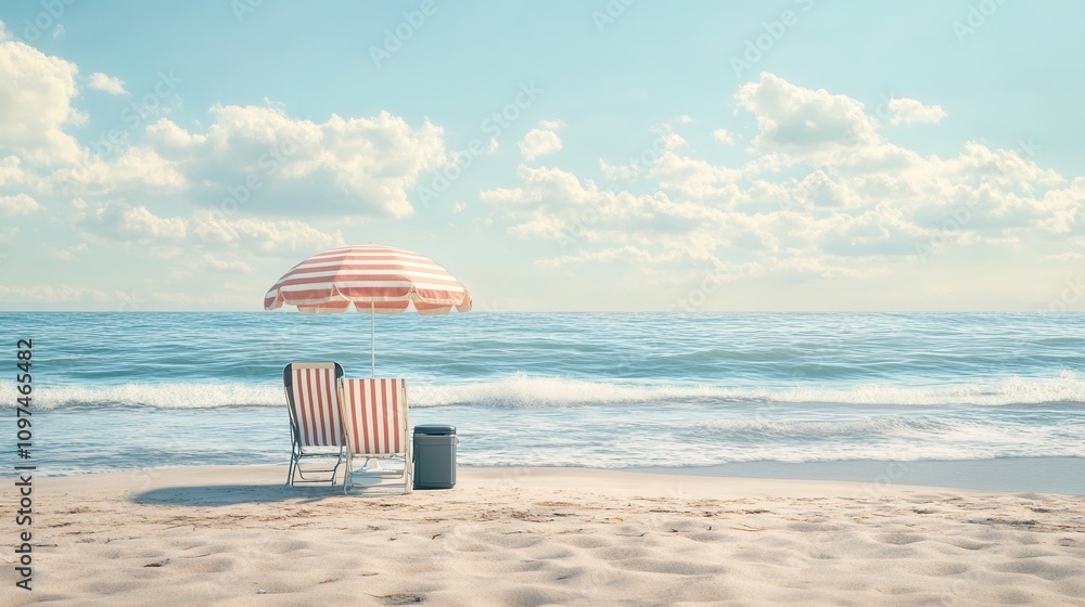 Obraz premium Serene Beach Scene Two Striped Deck Chairs, Umbrella, and Cooler on Sandy Shore with Ocean Waves and Blue Sky