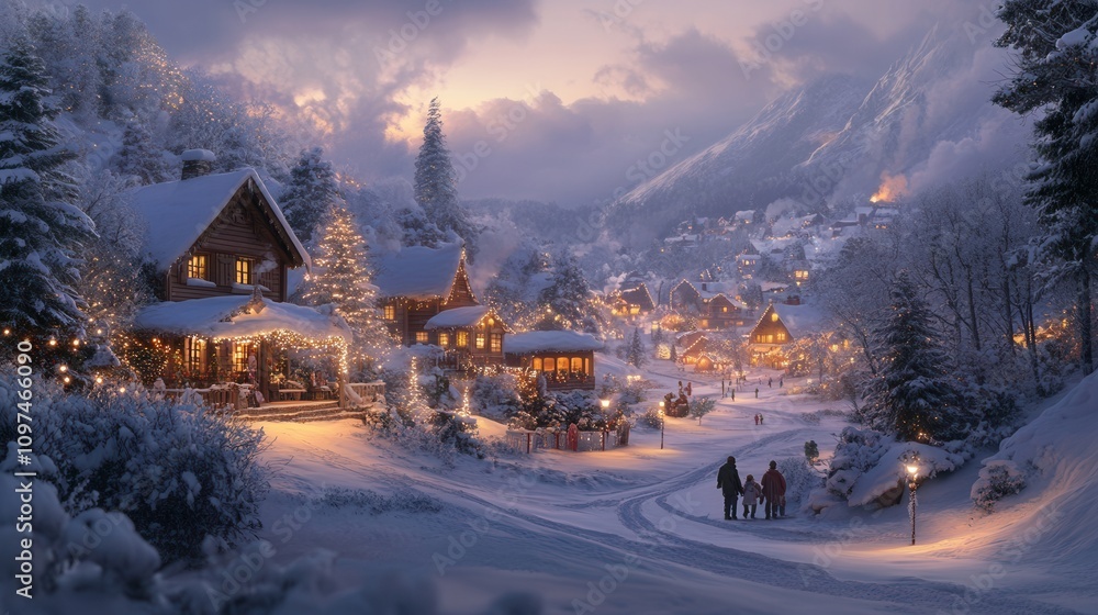 Magical Winter Village Scene Family Walking Through Snowy Christmas Town at Dusk - Festive Holiday Illustration Magical Winter Village Scene Family Walking Through Snowy Christmas Town at Dusk - Festive Holiday Illustration