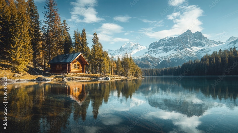Fototapeta premium Serene Alpine Log Cabin by Crystal Clear Lake with Majestic Mountain Reflection - Breathtaking Autumn Scenery
