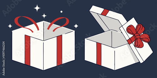 3d realistic vector icon illustration. Open and closed white gift boxes with red silky ribbon bow. Present box with glow inside isolated on navy blue background.
