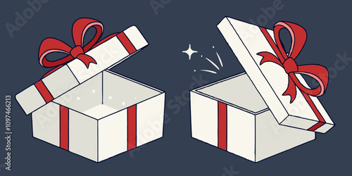 3d realistic vector icon illustration. Open and closed white gift boxes with red silky ribbon bow. Present box with glow inside isolated on navy blue background.
