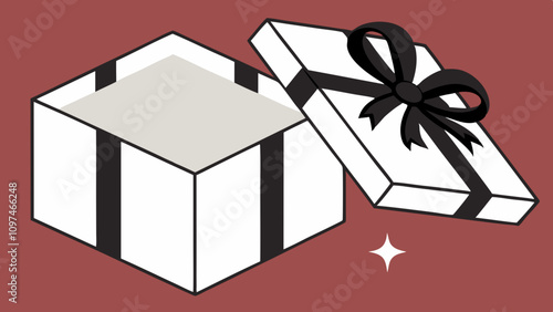 3d realistic vector icon illustration. Open and closed white gift boxes with black  silky ribbon bow. Present box with glow inside isolated on red background.
