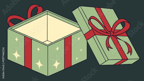 3d realistic vector icon illustration. Open and closed green gift boxes with red silky ribbon bow. Present box with glow inside isolated on black background.
