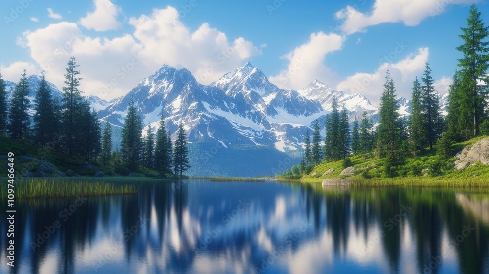 Serene Mountain Lake Reflection Stunning Alpine Scenery with Snow-Capped Peaks and Evergreen Trees Serene Mountain Lake Reflection Stunning Alpine Scenery with Snow-Capped Peaks and Evergreen Trees