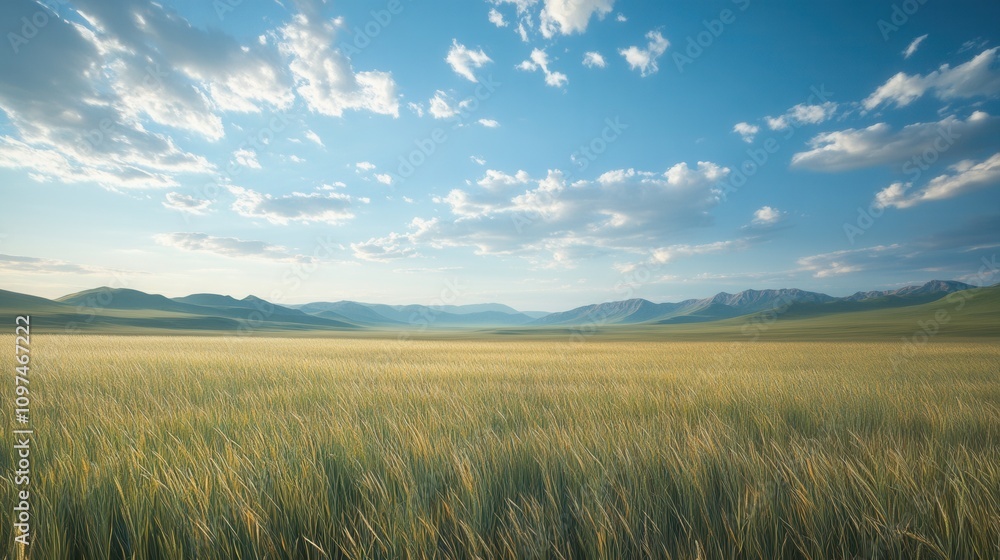 Serene Grassland Landscape Rolling Hills, Blue Sky, and Golden Grass Under a Sunny Sky - Nature Photography Serene Grassland Landscape Rolling Hills, Blue Sky, and Golden Grass Under a Sunny Sky - Nature Photography