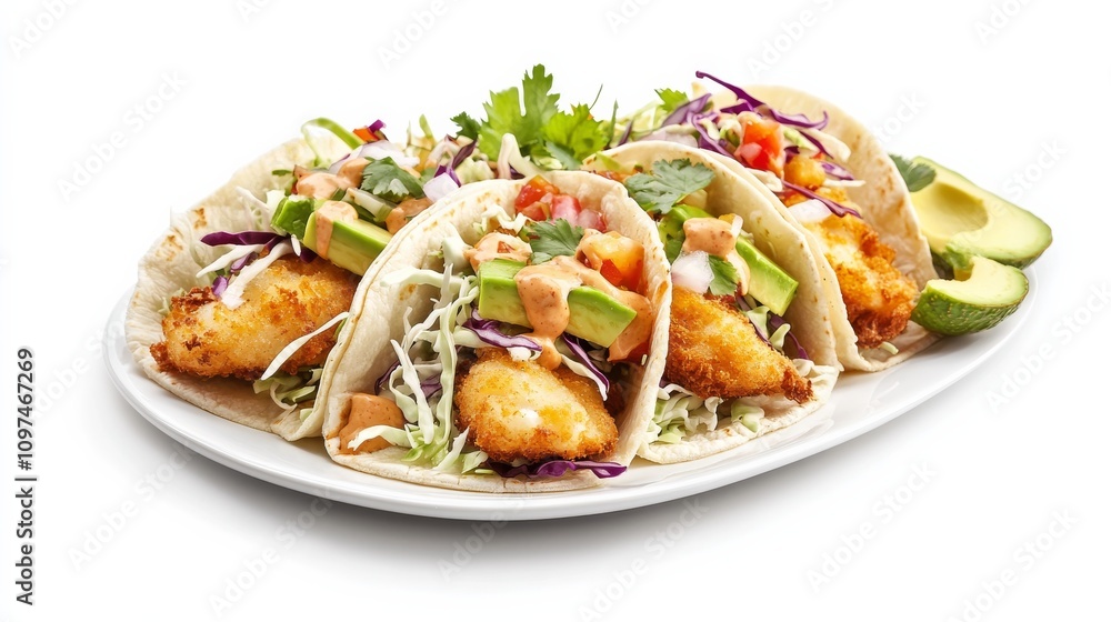 A mouthwatering plate of fish tacos with battered fish fillets, shredded cabbage, avocado slices