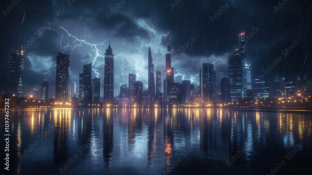 Dramatic Night Cityscape Lightning Storm Over Modern Metropolis Reflected in Rain-Slick Water Dramatic Night Cityscape Lightning Storm Over Modern Metropolis Reflected in Rain-Slick Water
