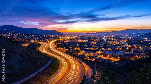 vibrant cityscape at dusk showcasing light trails from vehicles on winding road, with mountains in background and colorful sunset illuminating sky