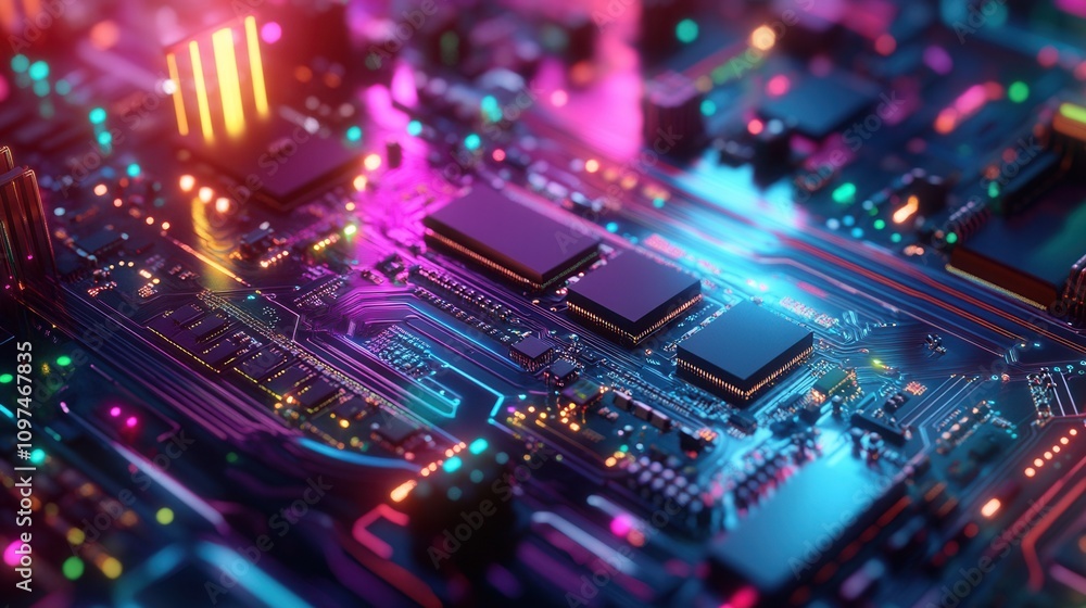 Obraz premium Vibrant Neon-Lit Circuit Board Close-Up Abstract Technology Background with Glowing Microchips and Pathways