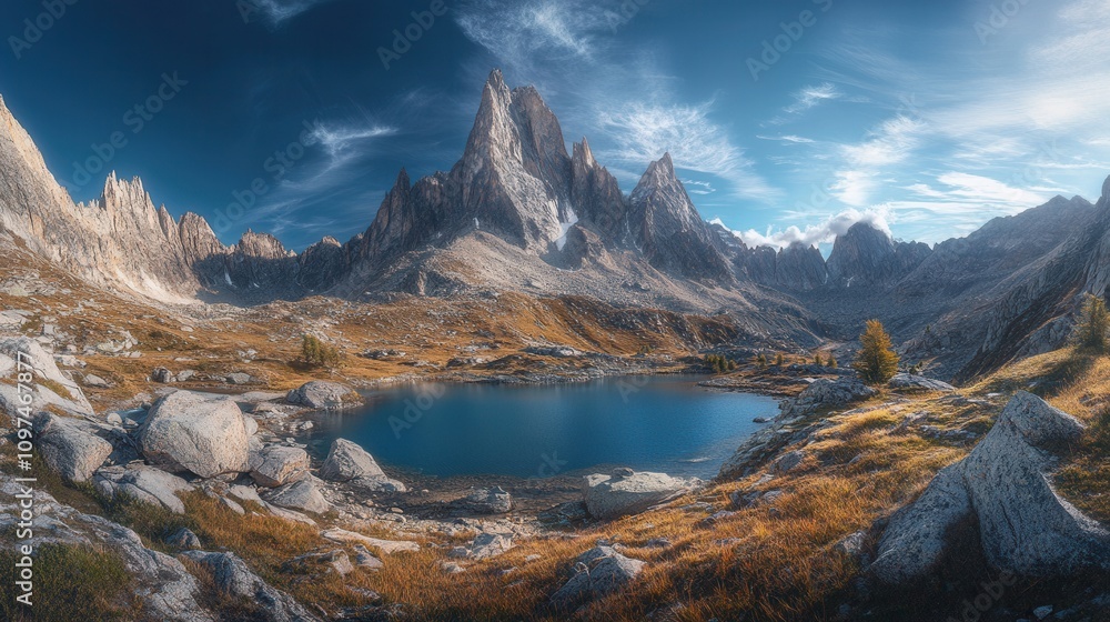 Fototapeta premium Breathtaking Panoramic View of Alpine Lake Nestled Amongst Majestic Granite Peaks, Golden Autumnal Hues, Clear Blue Sky