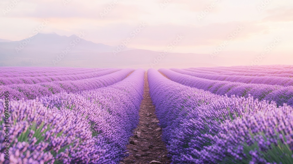 Fototapeta premium Serene Lavender Fields at Sunrise Rows of Purple Flowers Leading to Misty Mountains