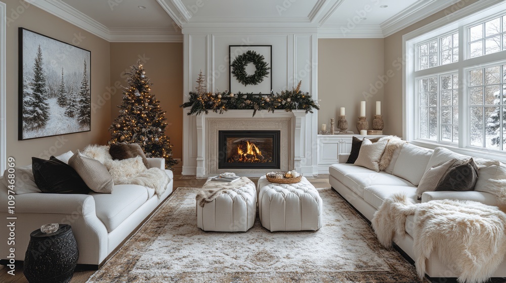 Elegant Living Room Christmas Decor Winter Fireplace Scene Elegant Living Room Christmas Decor Winter Fireplace Scene