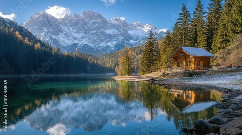 Stunning Alpine Lake Cabin Reflection Picturesque Log Cabin Nestled by Crystal-Clear Water with Snow-Capped Mountains in Dolomites, Italy